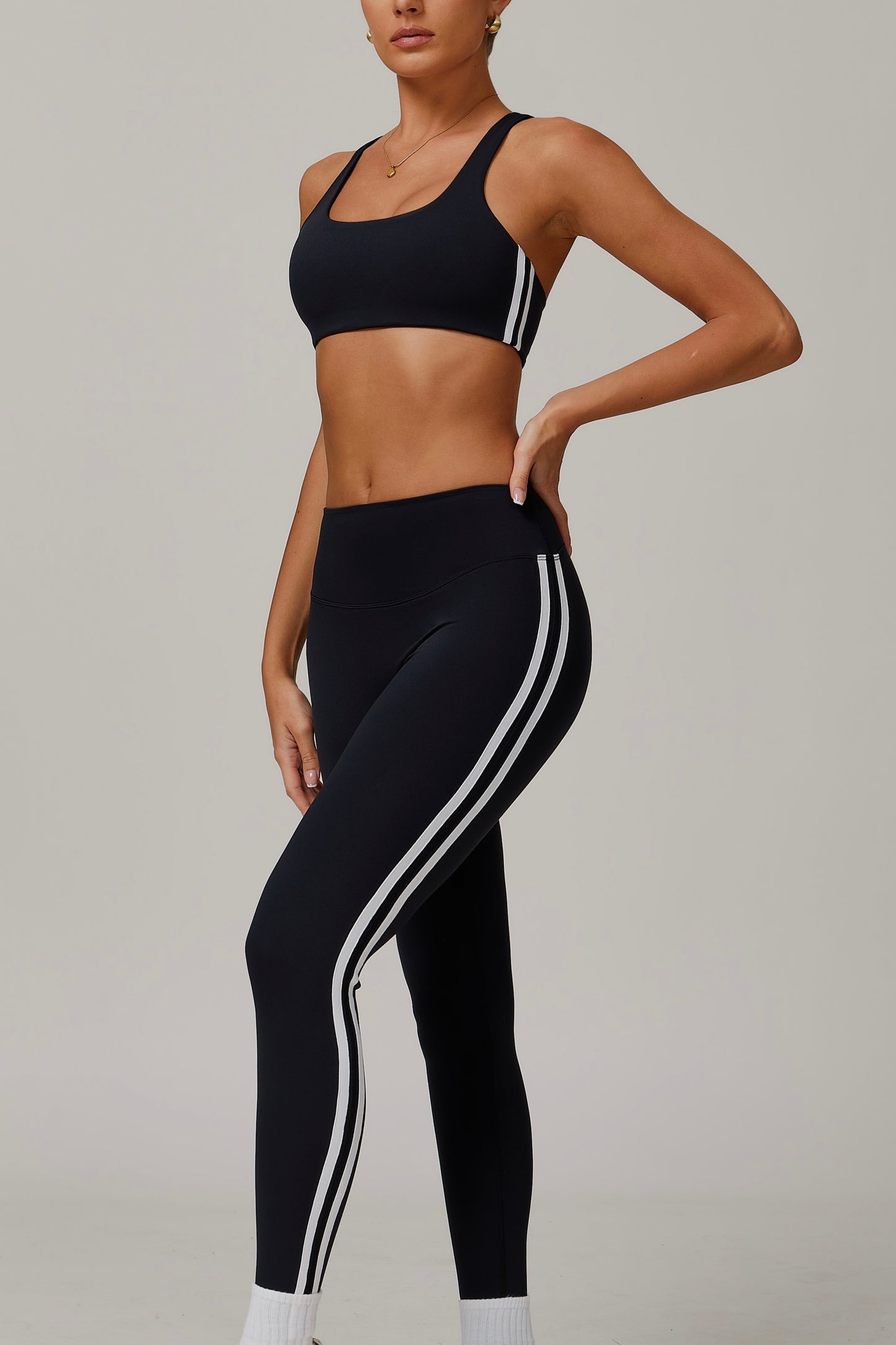 Pickleball Ladies Y-shaped Clash Stripe Leggings Set Soft Highly Elastic